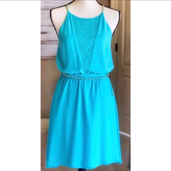 bebe Aqua Blue Sleeveless Midi Belted Dress M - Picture 1 of 7